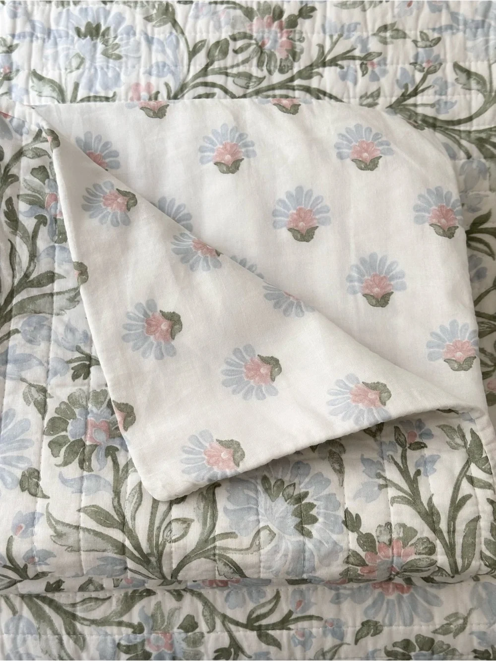 Nicole Miller Home Floral Cotton Reversible Quilt Set  - Pastel Pink Green Blue